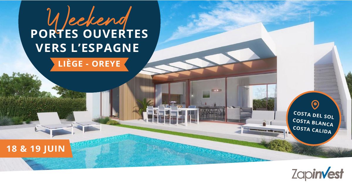 3 et 4 septembre, c'est reparti pour un Weekend "PORTES OUVERTES VERS L'ESPAGNE" à l'agence Zapinvest de LIÈGE-OREYE. Toutes les infos et les réponses à vos questions sur L'IMMOBILIER EN ESPAGNE et des SECONDES RÉSIDENCES sur la Costa Blanca et la Costa del Sol, dans une ambiance ludique et décontractée.