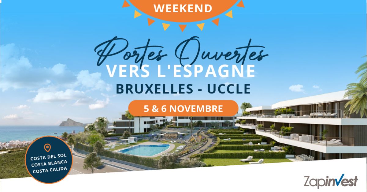 UCCLE - PORTES OUVERTES de l'immobilier en Espagne. Rencontrez Zapinvest, le spécialiste de l'IMMOBILIER et des SECONDES RÉSIDENCES sur la Costa Blanca et la Costa del Sol, dans notre agence de BRUXELLES-UCCLE ces 5 & 6 novembre 2022.